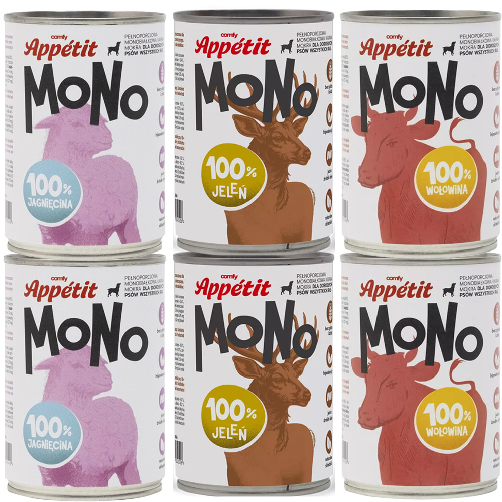 Comfy Appetit Mono Monoproteinowa Karma Mokra Dla Psa Puszka Zestaw 6 sztuk MIX mięso 400g